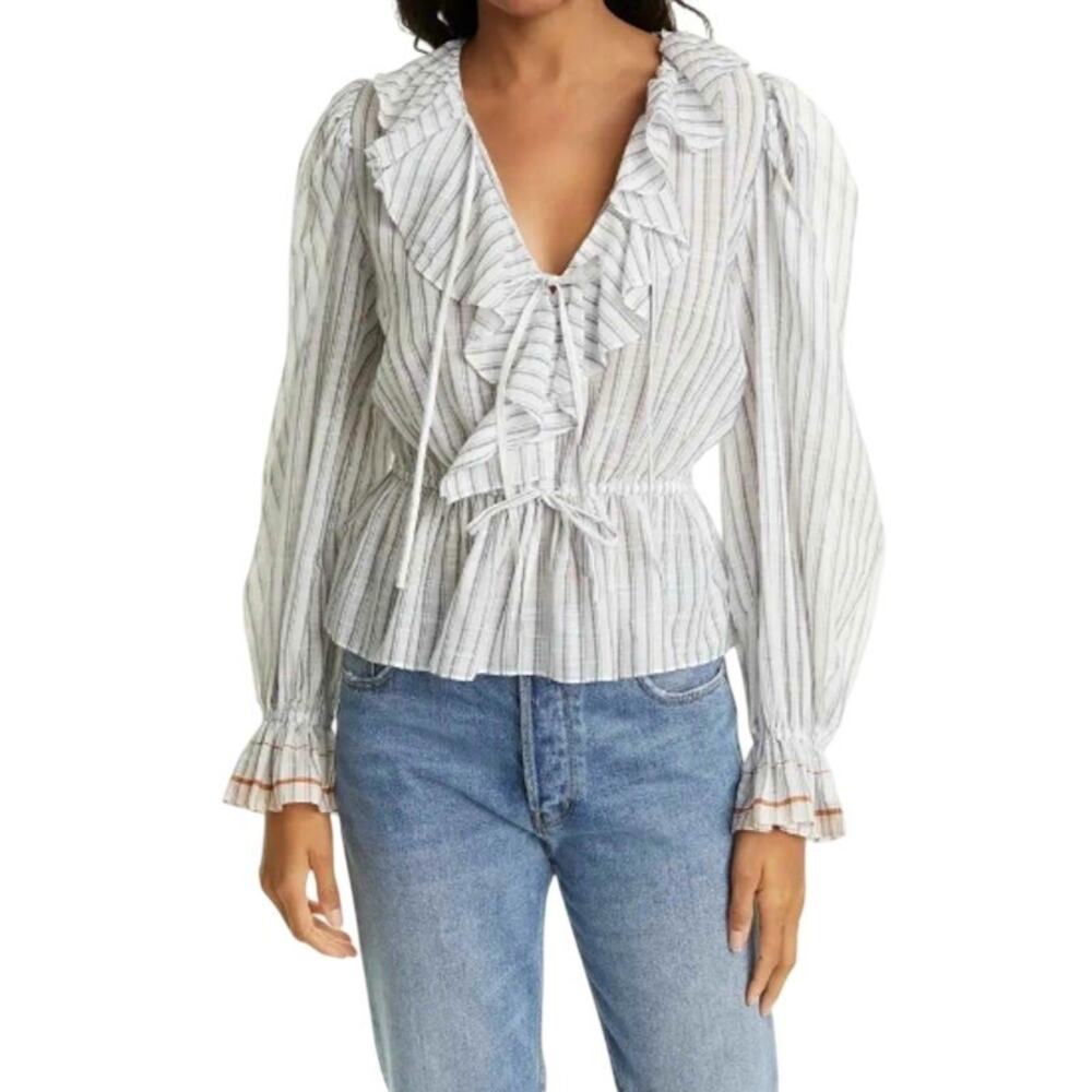 Ulla Johnson Kalila Striped Ruffled Long Sleeve Blouse White Size 10